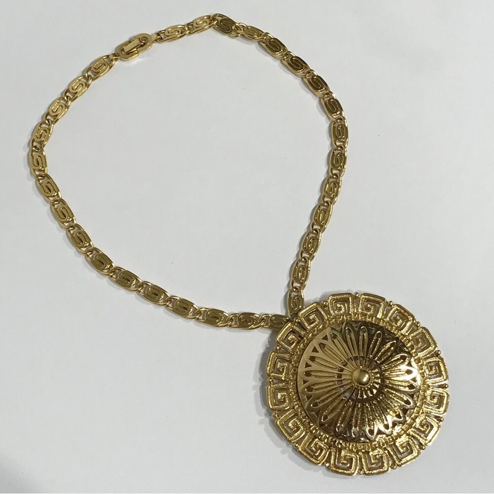 Vintage 1960s Greek Key Large Pendant Flat Snail Chain Gold Tone Medallion Monet